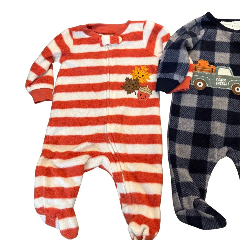 Fall Pumpkin Truck and Leaves Infant Fleece One Piece Footie‎ Sleepers Size 0/3
